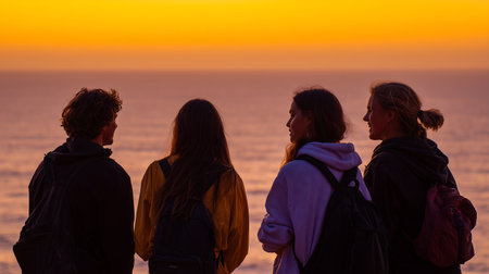 Back view of a group of tourists looking at the sunset over the seaの素材