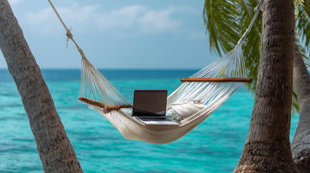 Work from home concept with laptop on hammock on tropical beach.の素材