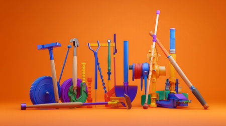 3d illustration of various tools for gardening on a orange background.の素材