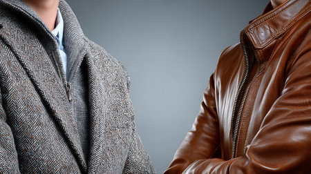 Close up of two men in jackets on grey background. Mock upの素材