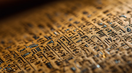 Ancient Egyptian hieroglyphs on the surface of the old bookの素材