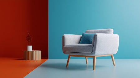 Minimalist living room interior with armchair and coffee table on colorful background. 3d renderの素材