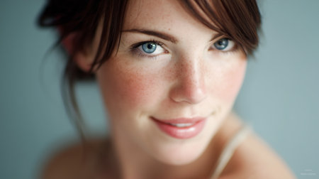 Portrait of a beautiful young woman with freckles and blue eyesの素材
