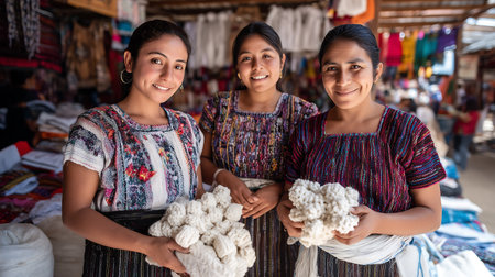 Traditionally dressed women selling wool at a local market in Indiaの素材