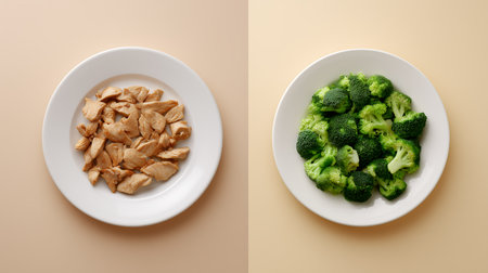 Chicken and broccoli on white plate on beige and brown background.の素材