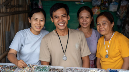 Portrait of a group of asian men and women selling jewelryの素材