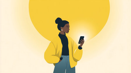 Young african american woman using mobile phone. Vector illustration.の素材