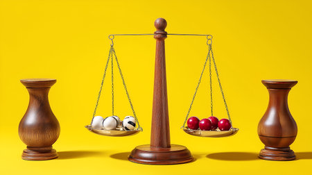 Scales of justice with balls and wooden vase on yellow backgroundの素材