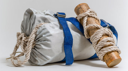 Old and used school bag with rope isolated on a white background.の素材