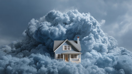 3D rendering of a house in the clouds with a chimneyの素材