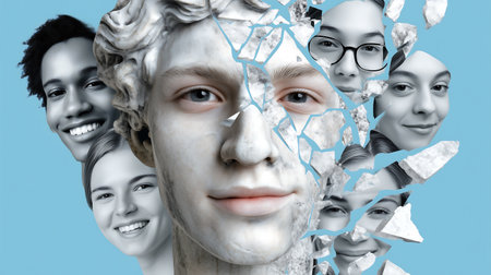 Collage of portraits of women and men combined with a picture of the faceの素材