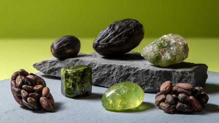 Cocoa pod and raw cocoa beans on grey stone with green backgroundの素材