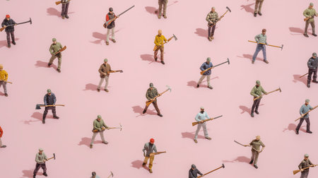 Miniature people with shovel and axe on pastel pink background.の素材