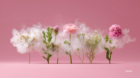 3d rendering of a pink background with flowers and white clouds.の素材