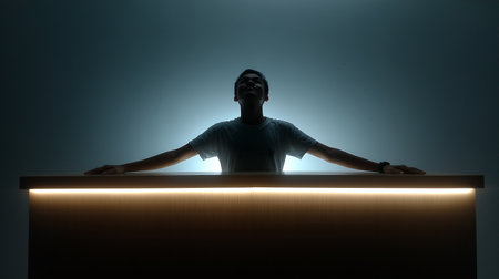 Young man sitting at table in dark room with glowing lights and shadowsの素材