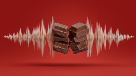 Chocolate bars falling into the shape of a sound wave on a red backgroundの素材