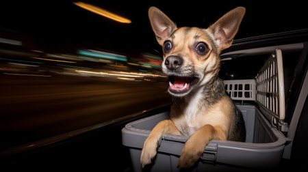 Chihuahua dog in a car with motion blur background.の素材