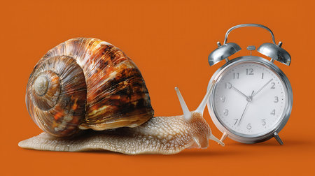 Alarm clock and snail on a orange background. 3d renderingの素材