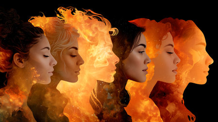 Composite image of three female faces in flames against black backgroundの素材