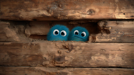 Funny blue monsters in the hole of a wooden house. Halloween concept.の素材
