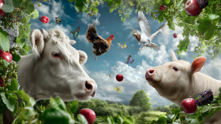 Cute white cows in the garden with birds flying in the skyの素材