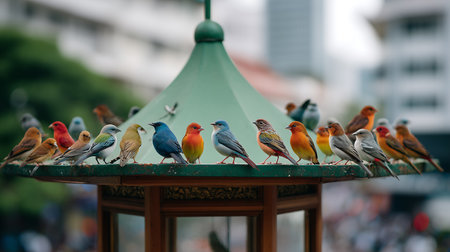 A group of colorful birds on the roof of a building in Bangkokの素材