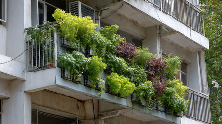 Balcony of a residential building with green plants on balconiesの素材