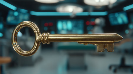 Golden key on the background of the office. 3d rendering.の素材