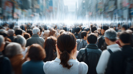 Back view of a woman in a crowd of people in the cityの素材