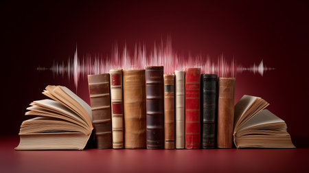 Composite image of books against red background with vignetteの素材