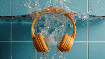 Headphones in the water with splashes on a blue tile backgroundの素材