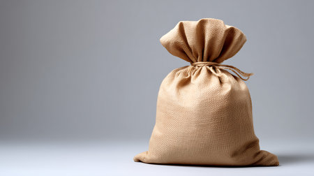 Bag of burlap on a gray background with copy space.の素材