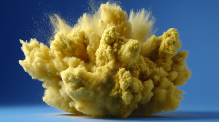3d illustration of yellow explosion over blue background with copy space.の素材
