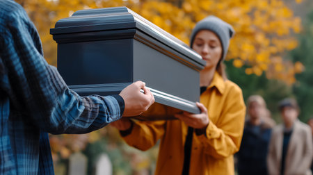 close up of man carrying coffin to woman in autumnal park.の素材