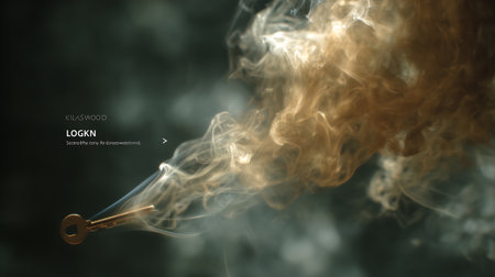 Digital illustration of a key in smoke against black background with copy spaceの素材