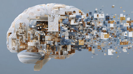 3D rendering of a human brain with a lot of cubes flying in the airの素材