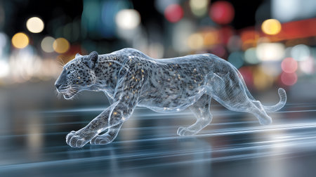 3d rendered illustration of a leopard running on a city streetの素材
