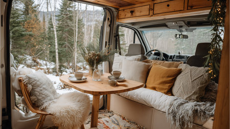 Coffee in camper van. Winter landscape with snow covered forest.の素材