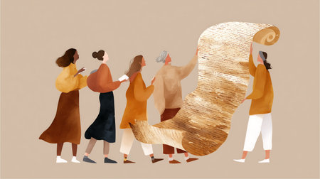 Illustration of a group of people holding a big wooden letter Qの素材