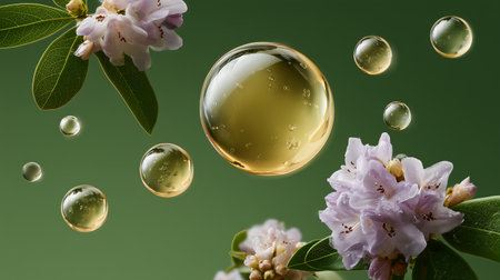 Rhododendron flowers and oil drops on a green backgroundの素材