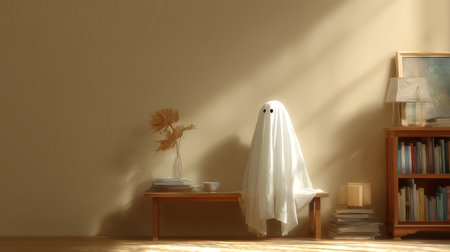 3d rendering of a white ghost in a halloween roomの素材