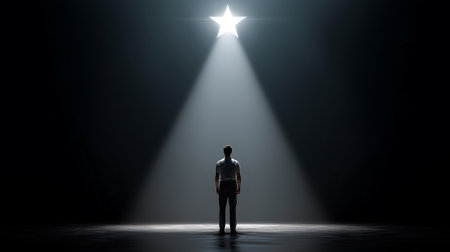 Rear view of businessman looking at light from spotlights on stageの素材