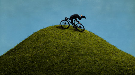 Silhouette of a cyclist riding on a green hill against blue skyの素材