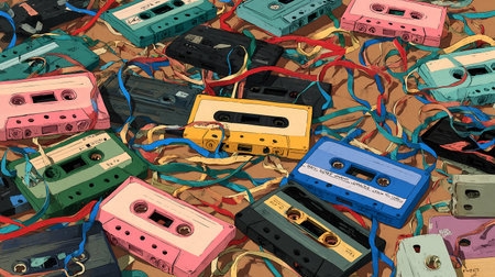 Vintage audio cassettes on a wooden background. Vector illustration.の素材