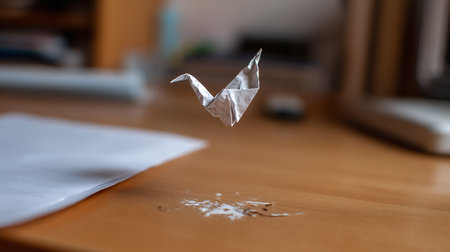 Paper crumpled as a bird on a table in a officeの素材