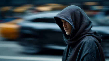 Hooded man standing in the street with traffic on the backgroundの素材