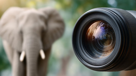 Close up of camera lens and elephant on blurred nature background. Focus on lensの素材