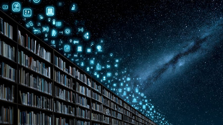 Digital composite of Library bookshelf with technology icons and night skyの素材