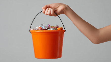 Female hand holding bucket with candies on grey background, closeupの素材