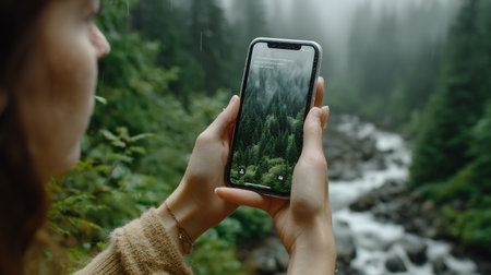 Woman taking a photo of a mountain river with a smartphone in the forestの素材